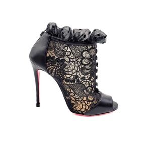 Christian Louboutin Black Lace Leather Open Toe Booties Heels EU 36.5